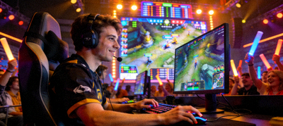 电竞比赛现场，选手在巨大屏幕前激烈操作